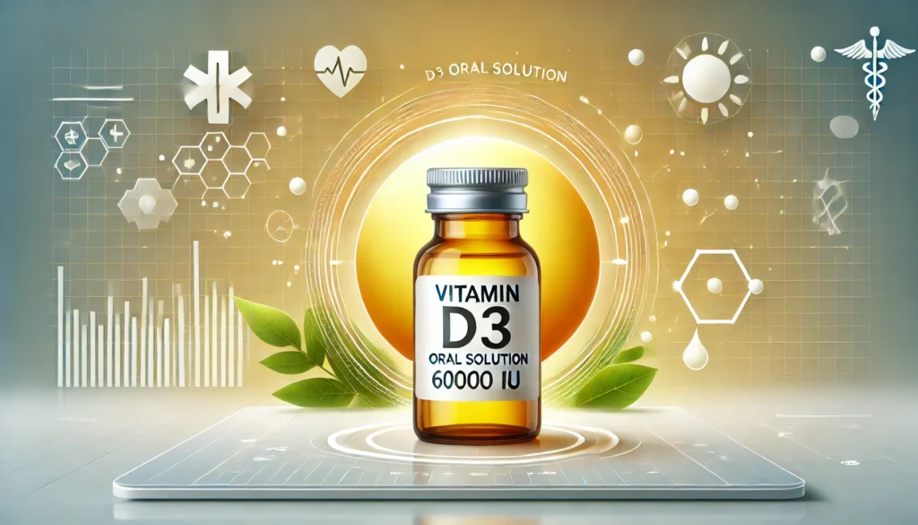 DALL·E 2024 12 11 14.34.57 A visually appealing image showcasing a small glass bottle with a metal cap labeled as Vitamin D3 oral solution 60000 IU. The bottle is placed on a cl