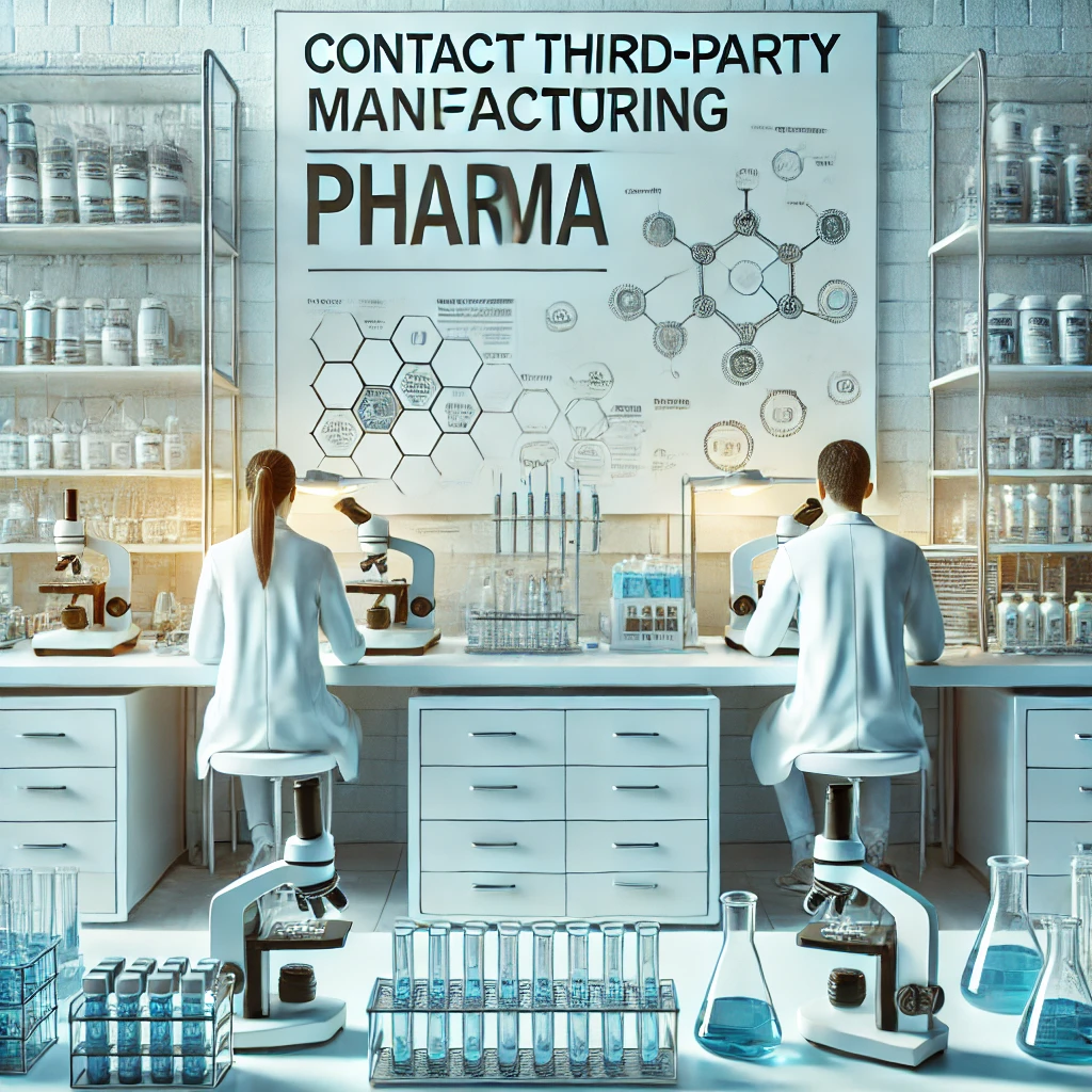 Contact The Third-Party Manufacturing Pharma" featuring a pharmaceutical laboratory setting.